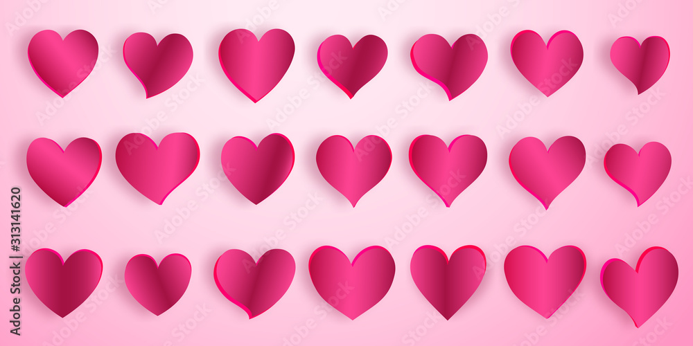 Set of red hearts with shadows on pink background Set of red hearts with shadows on pink background