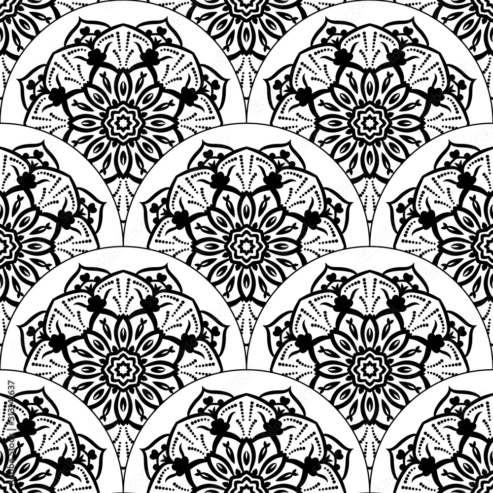 Fototapeta premium Abstract mandala fish scale seamless pattern. Ornamental tile, mosaic background. Floral patchwork infinity card. Arabic, Indian, ottoman motifs. Vector illustration. 