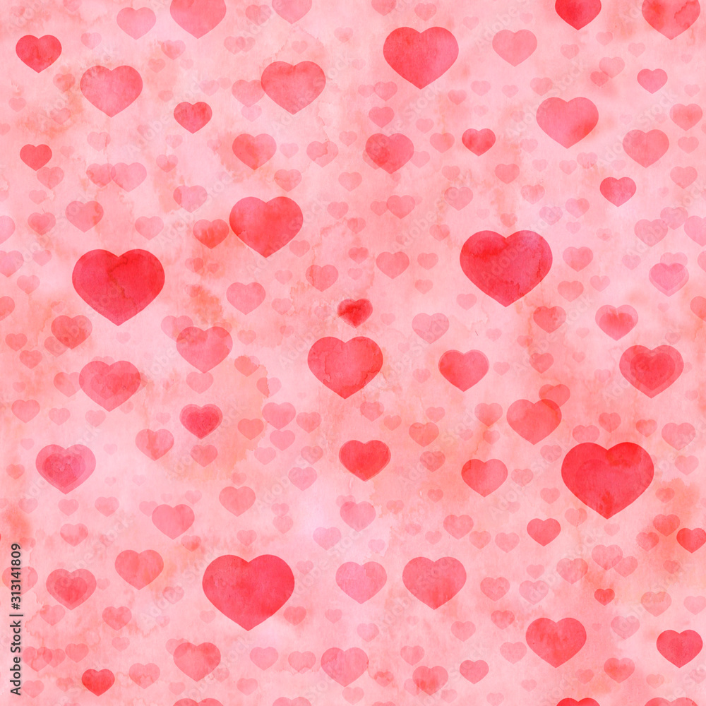 Vintage wtercolor pink hearts background. Seamless pattern.  Watercolor illustration. Valentine's Day. Declaration of love.