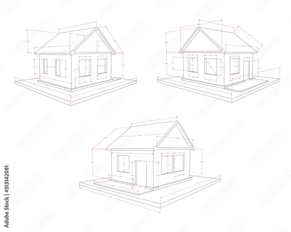 Technical drawing of the house, three options, with red size indicators, on a white background