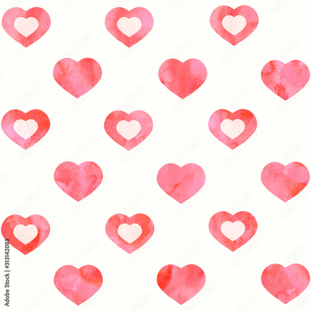 Watercolor coral hearts background. Seamless pattern. Isolated on white. Watercolor stock illustration. Valentine's Day. Declaration of love.