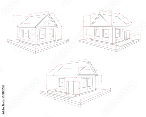 Technical drawing of the house, three options, with red size indicators, on a white background