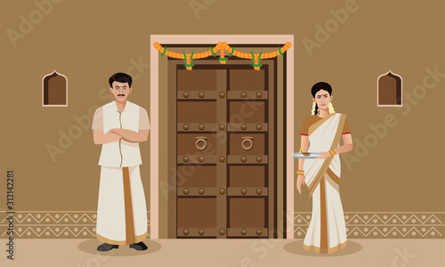south indian man and woman at door vector