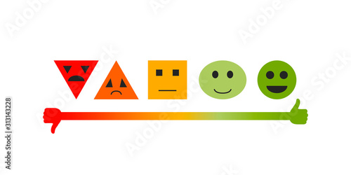 Feedback scale with smile various flat geometric figure and emotions. Sad and happy mood face. Colorful vector illustration with white background.