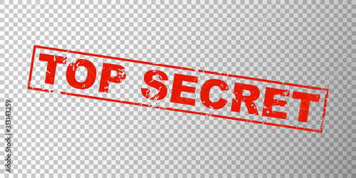 Top secret red square grunge stamp on transparent grid background. Private concept sign with text - top secret. Ink mark for secret files. Vector illustration