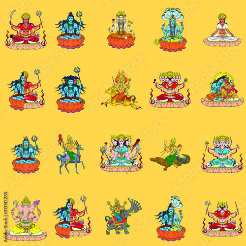 Indian gods, Shiva, Brahma, Vishnu, Ganesha, Agni, Indra and others.