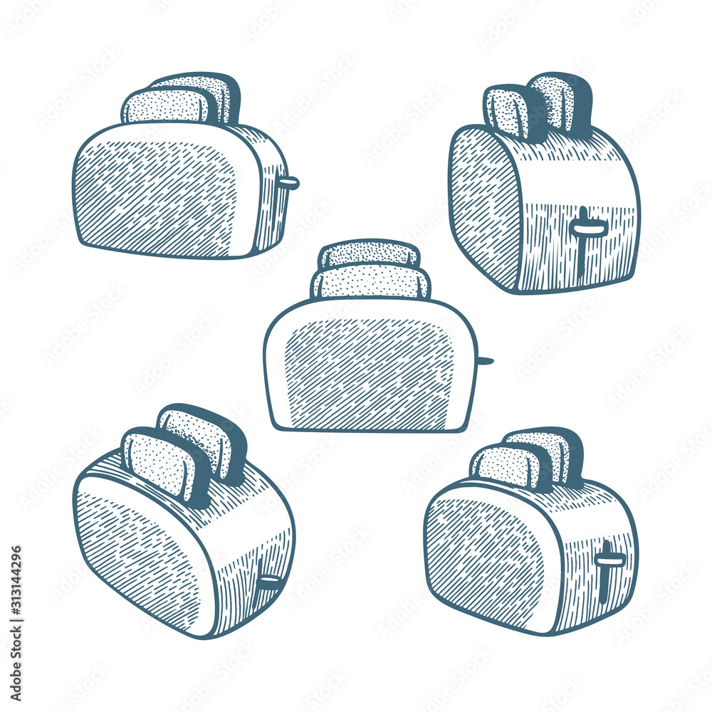 Toaster. Hand drawn toaster with toasted bread inside. Sketch drawing