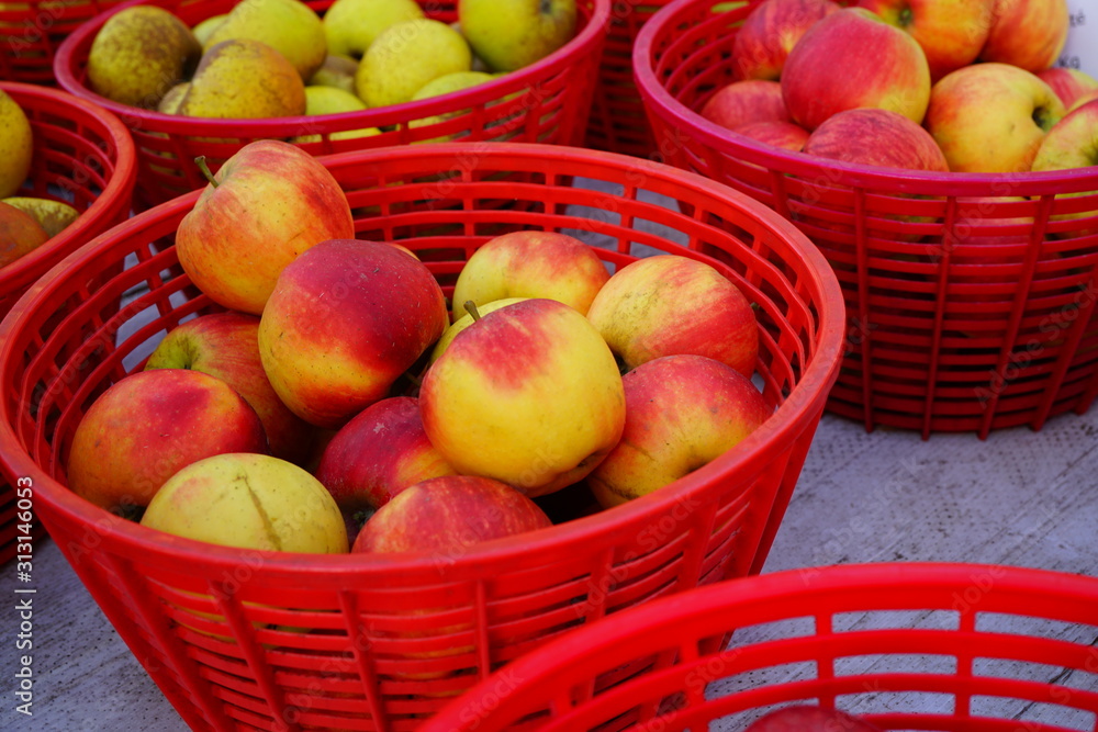 Baskets of fresh apples at a farmers market Baskets of fresh apples at a farmers market