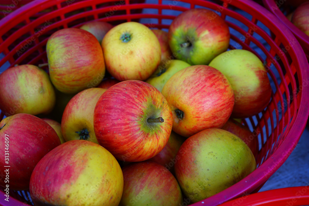 Baskets of fresh apples at a farmers market