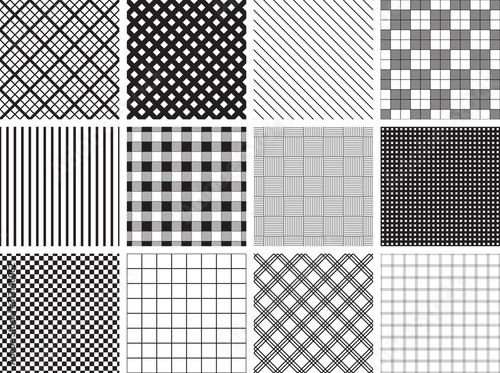 A collection of 12 seamless plaid, check and stripe patterns. 