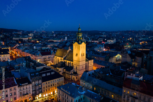 View on Latin Cathedral in Lviv, Ukraine at night from drone