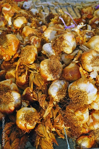 Fototapeta Naklejka Na Ścianę i Meble -  Dried heads of smoked garlic at a French farmers market