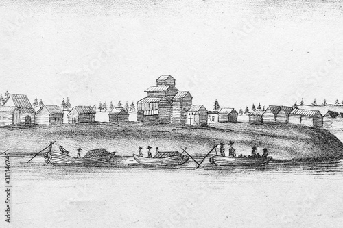 Landscape of wooden village in the old book Sketches made after