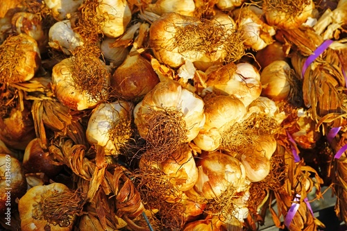 Dried heads of smoked garlic at a French farmers market