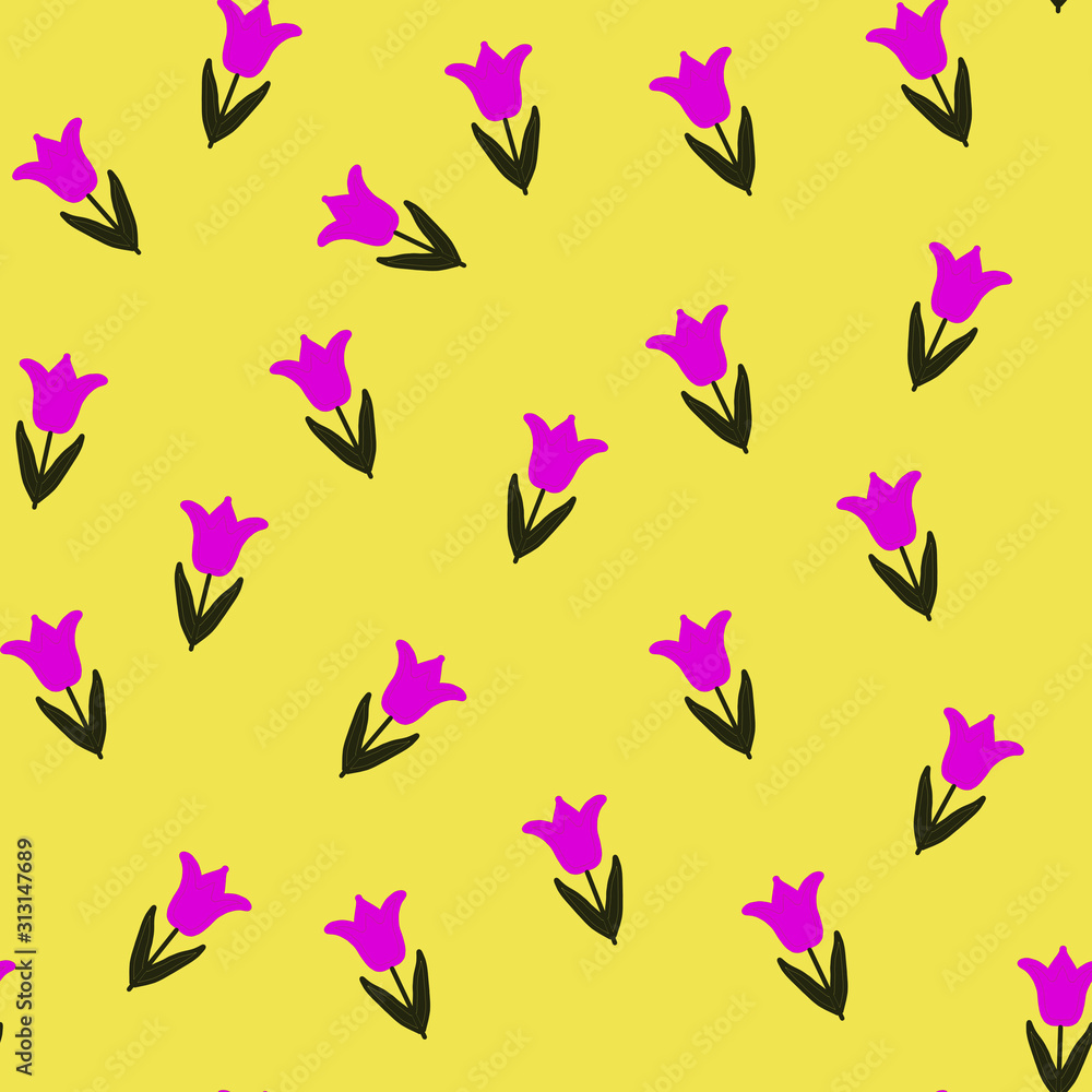Trendy Wildflower pink tulip seamless pattern . Spring florals on Yellow  background, texture, wrapper pattern