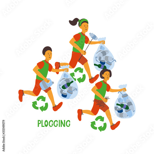 Hand drawn illustration with running people. They have garbage bags and  clean their district from rubbish . Plogging eco concept. Vector Illustration isolated on white. Ecology poster. photo