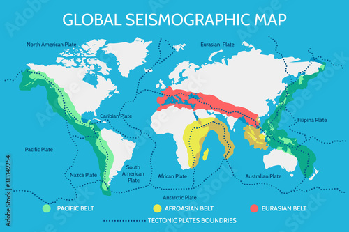 Foto World Seismographic Map with Earthquake Belts and Tectonic Plates