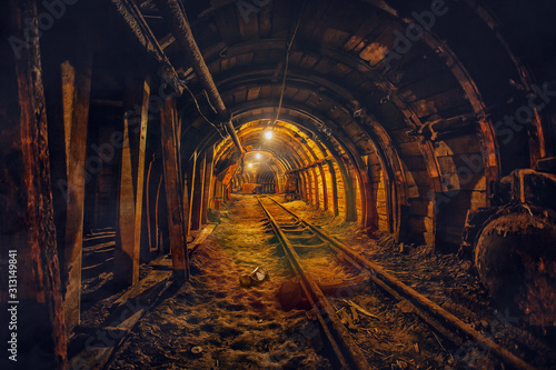 Canvas Print Underground mining tunnel with rails