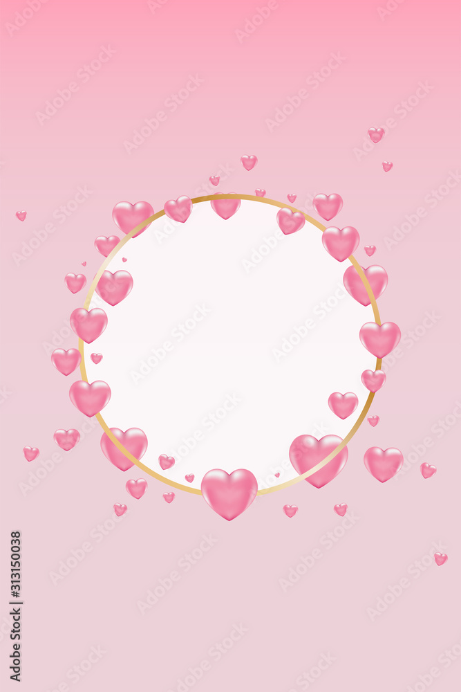 3d vector saint valentine s day golden round frame with pink heart on pink background. Poster and invitation