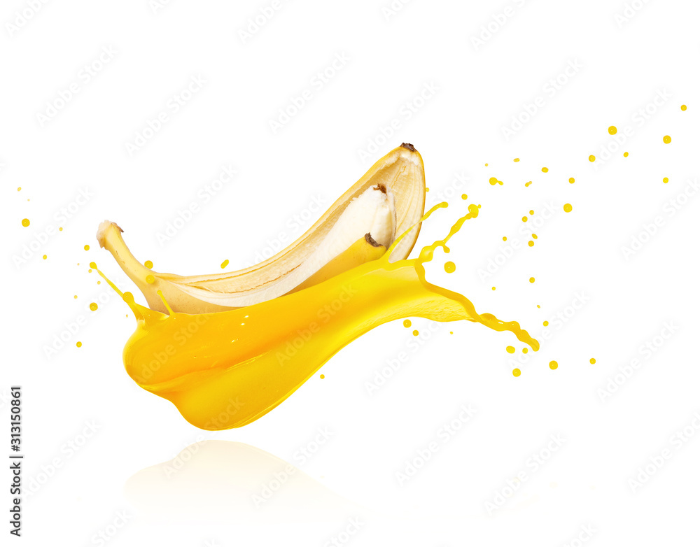 Splashes of fresh juice with banana on a white background - obrazy, fototapety, plakaty 