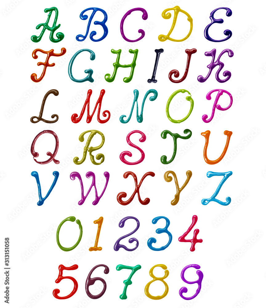 Fototapeta premium Сolorful latin elegant font with swirls, isolated on white background in high resolution