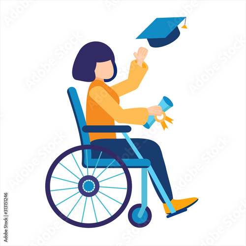 Disabled graduate of a university or school. Young girl student on a wheelchair..Invalid holds a master's or bachelor's degree. Graduation cap. Inclusive, home or online education. Vector illustration