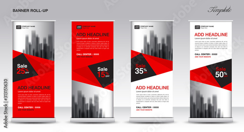 Roll up banner stand template design, Promotion Banner template, x-banner, pull up, Advertisement, creative concept, Presentation, red and black background, poster, events, display, j-flag, vector