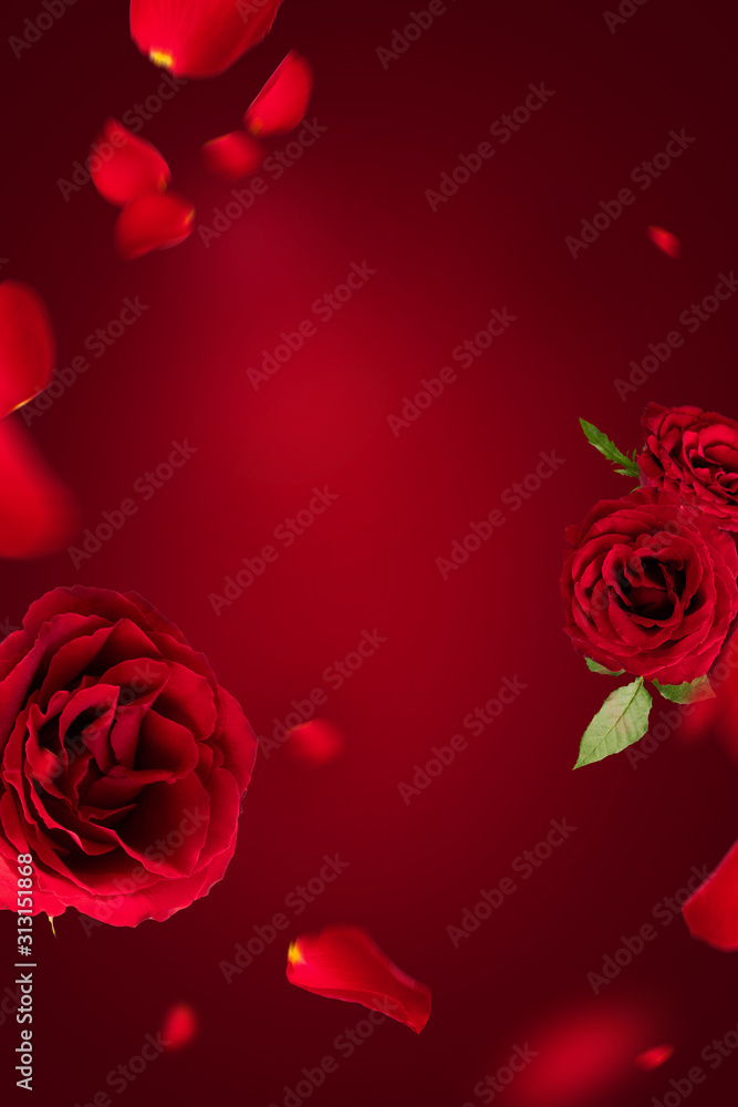 Flying petals and red roses on a red background with copy space. Creative floral levitation in the air nature layout. Spring blossom concept for wedding, women, Mother, 8 March, Valentine's day Flying petals and red roses on a red background with copy space. Creative floral levitation in the air nature layout. Spring blossom concept for wedding, women, Mother, 8 March, Valentine's day