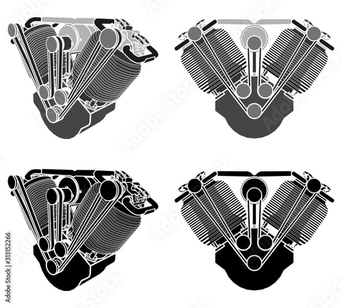 Engine V twin colored. Perspective view.