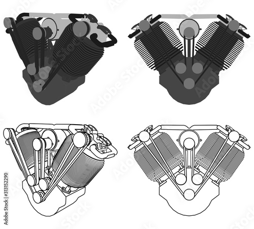 Engine V twin colored. Front view.