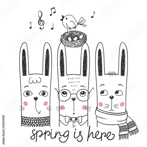 Cute rabbits with bird nest. Spring is Here slogan. Cartoon vector illustration