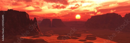 Mars surface at sunset, alien landscape, 3D rendering.