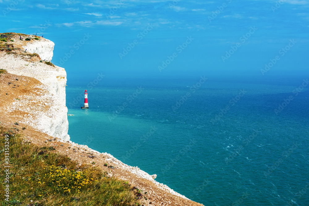Beachy head, walk to the lighthouse near Eastbourne, England, Seven Sisters National Park, UK, selective focus