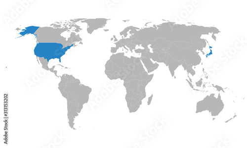 Japan, USA political map marked blue. Light gray background. Vector illustration graphics design. Perfect for backgrounds, backdrop, business concepts, banner, poster, sticker, label etc.
