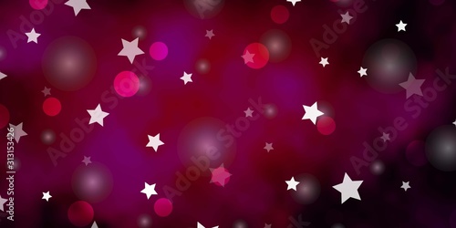 Dark Pink vector pattern with circles, stars.