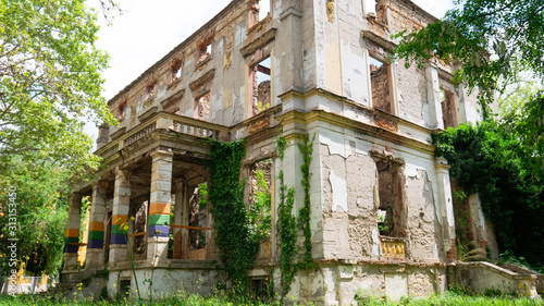Mostar, Bosnia and Herzegovina - April 2019: Destroyed building at the former front line of the war on Mostar. Building destroyed by civil war in Mostar, Bosnia and Herzegovina.