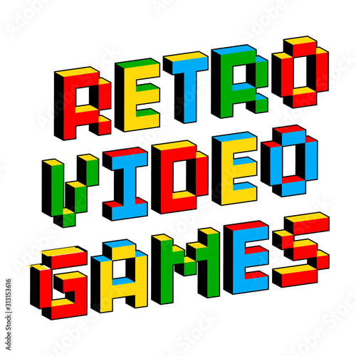 Retro video games text in style of old 8-bit games. Vibrant colorful 3D Pixel Letters. Creative digital vector poster, flyer template. Vintage arcade platformer, computer program screen Gaming concept