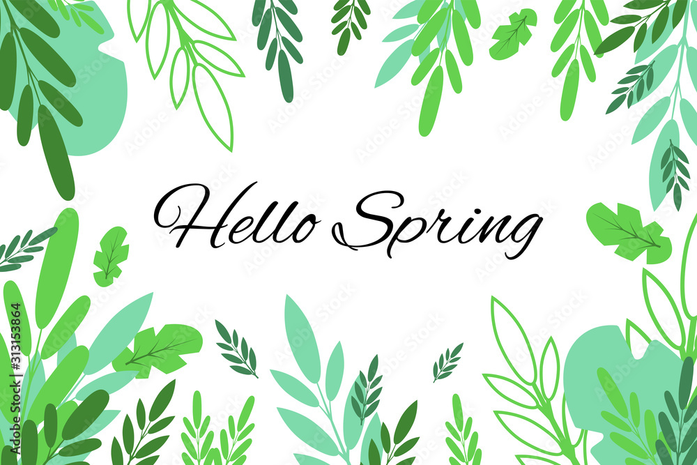 Vector banner with the inscription Hello Spring. Can be used for flyers, banners or posters. Vector illustration with different green leaves on blue background with white doodle