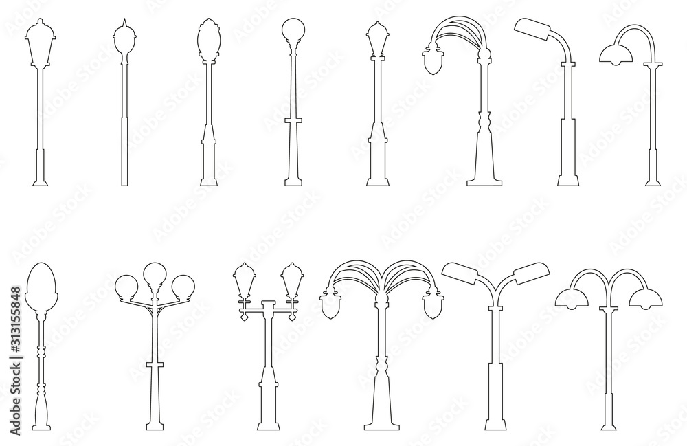 Set of outline street light silhouettes isolated on white background. Vintage street lights. Elements for landscape construction. Vector illustration for any design. Set of outline street light silhouettes isolated on white background. Vintage street lights. Elements for landscape construction. Vector illustration for any design.