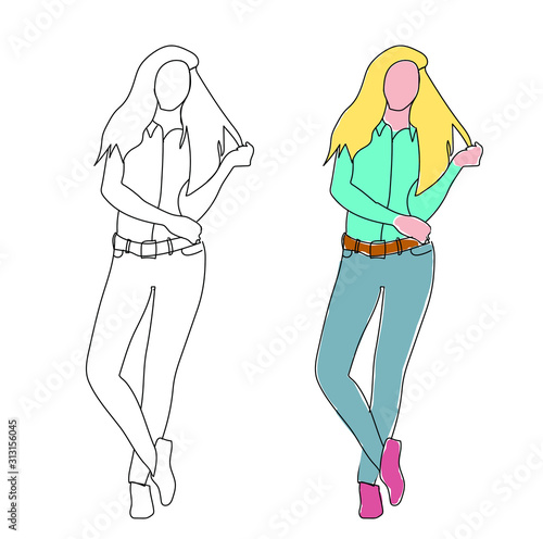 young girl with long hair in jeans is standing. Vector illustration in pop art style