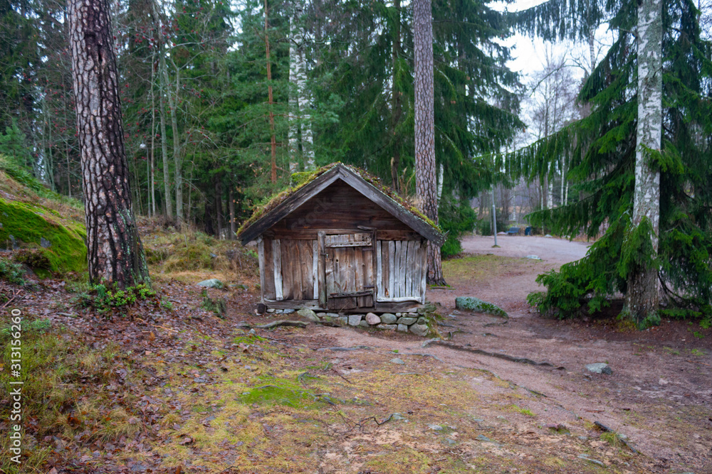 An ancient authentic 16th century wooden hut on stone stands in a forest on the island of Seurasaari in Helsinki, Finland, a cloudy day in late autumn. The harsh beauty of ancient Finland An ancient authentic 16th century wooden hut on stone stands in a forest on the island of Seurasaari in Helsinki, Finland, a cloudy day in late autumn. The harsh beauty of ancient Finland