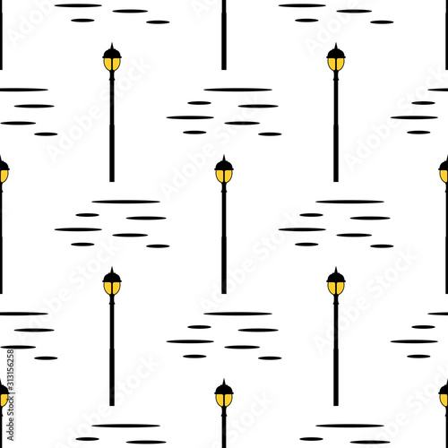 Seamless pattern with street light black silhouettes isolated on white background. Modern and vintage street lights. Elements for landscape construction. Vector illustration for design, wrapping paper