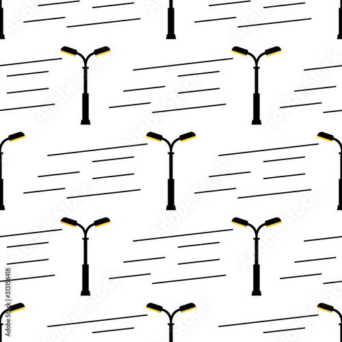 Seamless pattern with street light black silhouettes isolated on white background. Modern and vintage street lights. Elements for landscape construction. Vector illustration for design, wrapping paper