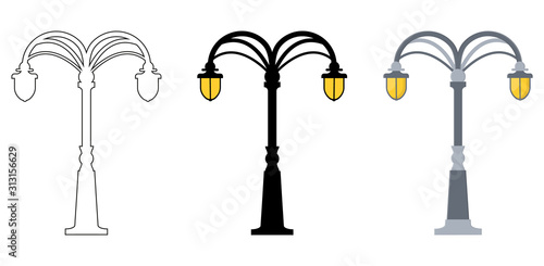 Outline, black silhouette, cartoon streen lights set isolated on white background. Vintage street lights. Elements for landscape construction. Vector illustration for any design.
