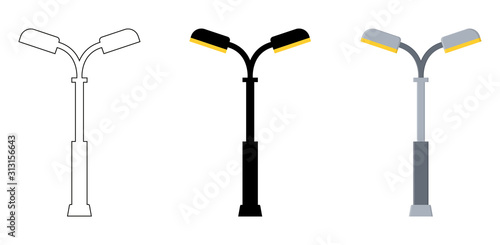 Outline, black silhouette, cartoon streen lights set isolated on white background. Vintage street lights. Elements for landscape construction. Vector illustration for any design.