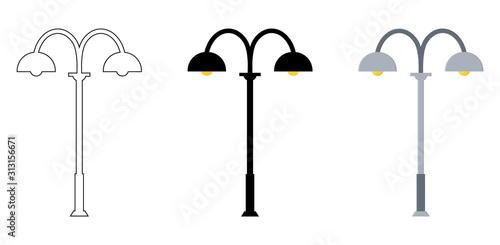 Outline, black silhouette, cartoon streen lights set isolated on white background. Vintage street lights. Elements for landscape construction. Vector illustration for any design.