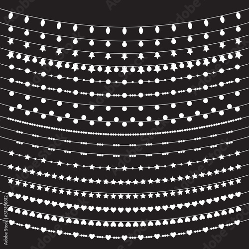 A collection of different types of string lights and bunting. 