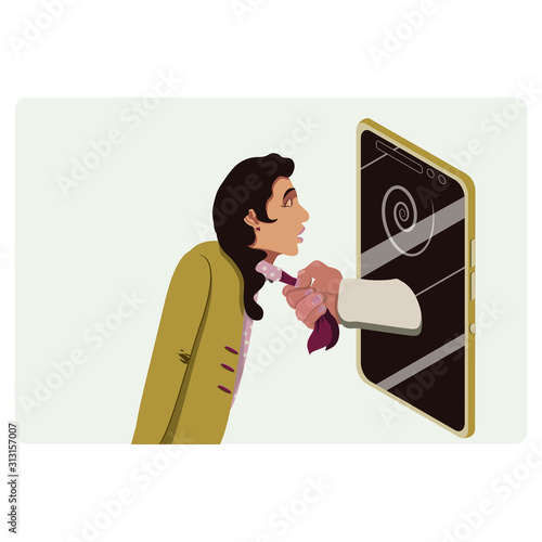 Key opinion leader or social media madness, gadget addiction concept. Rough internet marketing. Hand from smartphone holds woman using her neckerchief. Vector flat cartoon. Earth colors. Copy space.