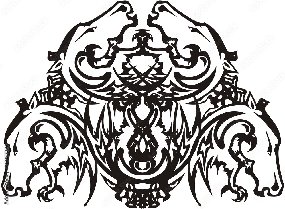 Obraz premium Peaked horse symbol with an eagles inside. A majestic tribal symbol representing power, formed by horse and eagle heads for your design. Black on White