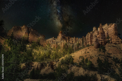 Night sky and the milkky way over the hoodos at the Bryce Canyon, Utah